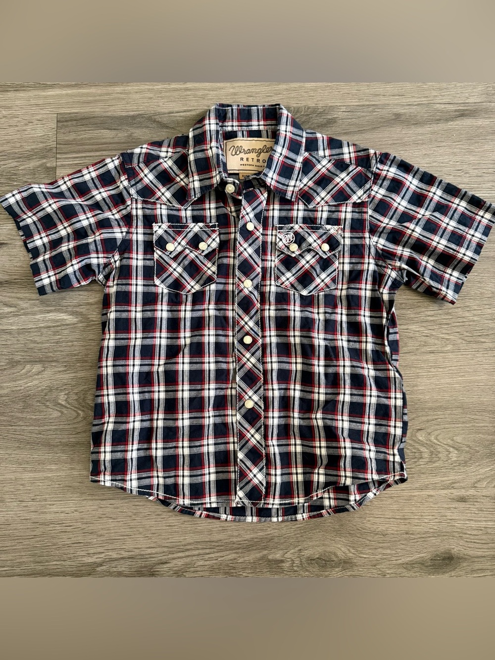 Wrangler Kids Navy, Red & White Plaid Short Sleeve Button-Down